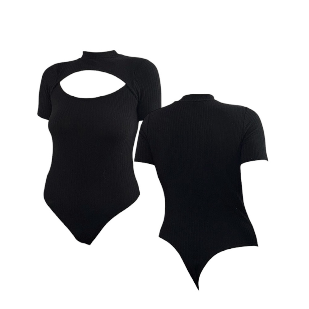 Black Short-Sleeve Ribbed Cutout Bodysuit